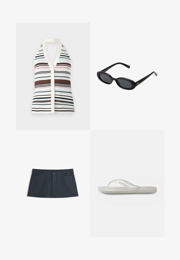 Randig ribbad linne med V-ringning, prydd med blå, rosa, bruna och svarta linjer; krämfärgad kantning och fem vita knappar framtill.; Navyblå randig minikjol med framfickor och en enkel knappstängning i midjan.; Vit flip-flop med en strukturerad sula, som har tunna remmar och en platt design. Tillverkad av gummi med en diskret logotyp på fotsulan.; Svarta överdimensionerade solglasögon med ovala linser, slät plastbåge och guldaccent på bågarna. Mörka linser ger solskydd.; Brun vävd läderhandväska med två handtag, en strukturerad form och en texturerad yta, med ett diamantmönster över hela ytan.
