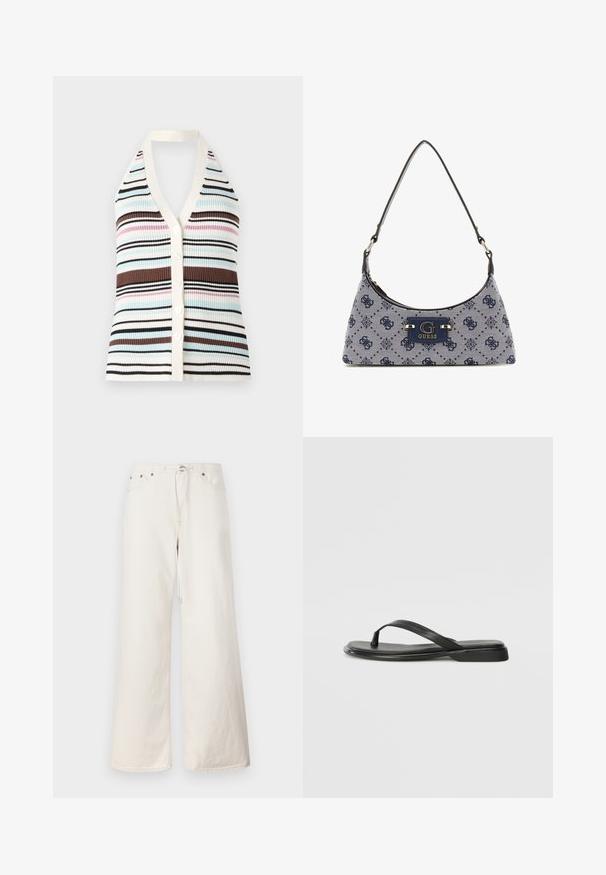 Débardeur à rayures côtelé avec décolleté en V, présentant des lignes bleues, roses, marron et noires ; bord crème et cinq boutons blancs sur le devant.; Pantalon en denim blanc à jambes larges avec taille à cordon, poches avant et détails de couture subtils. Fabriqué en coton robuste.; Tongs noires en cuir lisse, avec un design de sangle fine et une semelle plate à profil minimal. Aucun motif ou accent notables.; Sac à main de style hobo en tissu bleu marine avec un motif en losange, comprenant une plaque logo et une bandoulière lisse. Surface texturée.