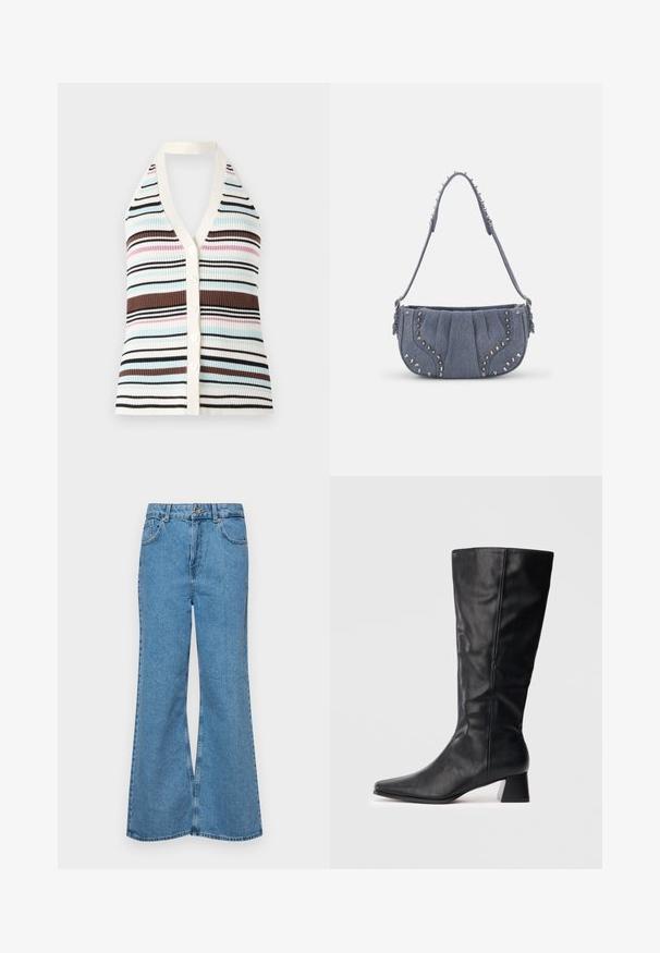 Ribatud triibuline tank top, millel on V-kaelus ja sinised, roosad, pruunid ja mustad jooned; kreemjas äärestus ja viis valget nuppu ees.; Heledad sinine flared teksade rõivad, millel on kõrge talje, viis taskut ja üks nupulukk. Pehme tekstuur ja pleekinud viimistlus.; Must sukalapala nahkasaapad terava nina ja ploki kontsaga, kerget heledal taustal.; Denimi õlavarre kott volditud disainiga, sinine värv, hõbedased nupud äärtes ja tekstuuriga rihm.