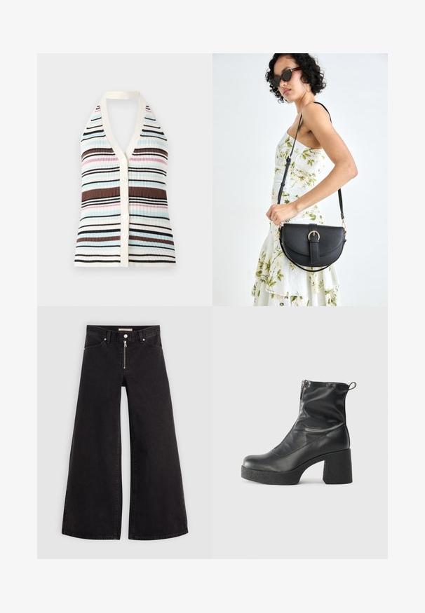 Striped ribbed tank top with V-neck, featuring blue, pink, brown, and black lines; cream edging and five white buttons down the front.; Wide-leg jeans in black denim with a zippered front, five-pocket design, and subtle stitching details. Smooth texture and casual style.; Black ankle boots made of smooth leather, featuring a side zipper, chunky textured heel, and rounded toe design.; Black leather handbag with a curved shape, detachable strap, and gold hardware. The bag features a flap with a buckle detail.