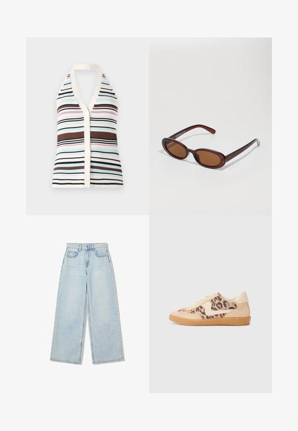 Gestreept ribgebreid tanktop met V-hals, met blauwe, roze, bruine en zwarte lijnen; crème randen en vijf witte knopen aan de voorkant.; Lichtblauwe wijde spijkerbroek van denim, met een hoge taille, vijf zakken en zichtbare stiksels langs de naden.; Luipaardprint sneakers met een beige suède bovenkant, tan rubberen zool en witte accenten. Ronde neus en vetersluiting met een gestructureerde afwerking.; Ronde, bruin getinte zonnebril met een glanzend bordeauxrood frame. Slanke pootjes met subtiele merkdetails. Vlakke lensontwerp.; Bruine geweven leren handtas met een slonzig, driehoekig model. Voorzien van een gevlochten handvat en een ritssluiting aan de bovenkant.