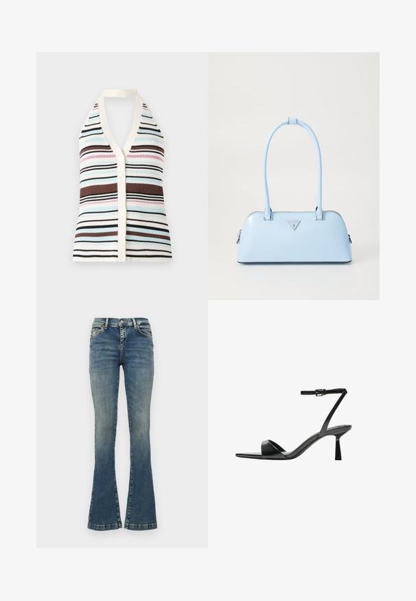 Débardeur à rayures côtelé avec décolleté en V, présentant des lignes bleues, roses, marron et noires ; bord crème et cinq boutons blancs sur le devant.; Jean flare bleu en denim, avec décoloration, cinq poches, une fermeture à boutons et des accents de couture sur la taille.; Bershka Sandales à talons hauts - black; Sac à main bleu clair avec une forme structurée, en cuir lisse, deux poignées et un logo de marque triangulaire à l'avant. Fermeture éclair.