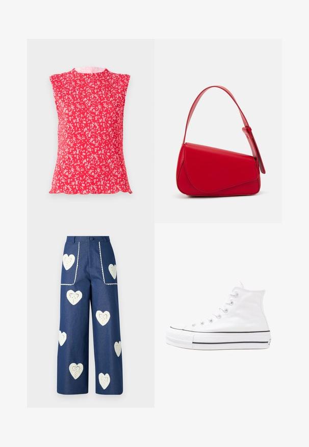 Top plissado vermelho com mangas em puff, apresentando um padrão floral em branco. Tecido suave com decote redondo e bainha recortada.; Sister Jane HEART TO HEART - Calças de ganga de perna direita - blue denim; Sapatilha alta de tela branca com sola de borracha preta, bico de borracha na frente e seis ilhós para os atacadores, apresentando um design limpo e minimalista.; Bolsa de mão em couro vermelho com um design angular e geométrico. Apresenta uma única alça ajustável e um fecho com aba, com detalhes cosidos.