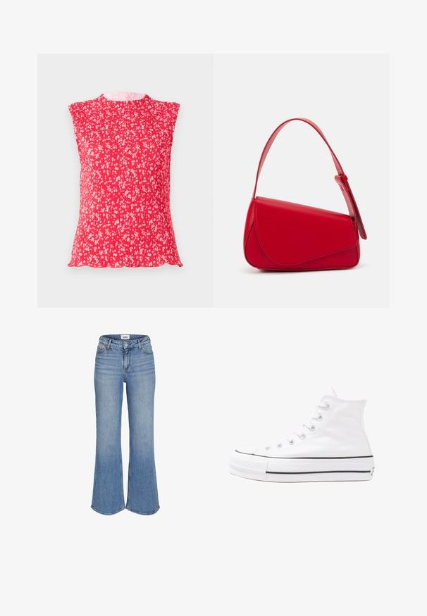 Rød, plissért topp med korte ermer, med et blomstermønster i hvitt. Myk tekstur med rund halsutringning og bølget kant.; Lys blå denim flared jeans med høy midje, med frontlommer, glidelås og subtile falminger. Sømmen er synlig langs kantene.; Hvit høy-skinn kanvas sneakers med svart gummisåle, gummitåhette foran og seks hull for snorer, med et rent, minimalistisk design.; Rød lærveske med en vinklet, geometrisk design. Har en enkelt justerbar stropp og en klaffelukking med sydd detaljer.