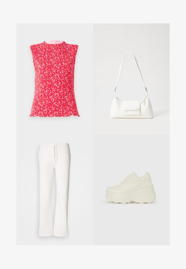 Raudonas plisuotas viršus su rankovėmis, puoštu baltomis gėlėmis. Minkšta tekstūra, apvali iškirptė ir bangine apdaila.; Baltos, laisvo kirpimo sportinės kelnės, pagamintos iš minkštos medžiagos, su elastinga juosmens dalimi ir raišteliu, tiesių kojų kirpimu.; Baltos platformos sportbačiai su lygiu odos primenančiu paviršiumi, apvalia forma, paminkštintu apykakle ir tekstūruotu guminiu padu su ryškiais protektoriais.; Balta sintetinė rankinė trikampio formos, plokščiu priekiu su užsegimu, kaspino detale, reguliuojama dirželiu, lygia tekstūra ir minimalistišku dizainu.