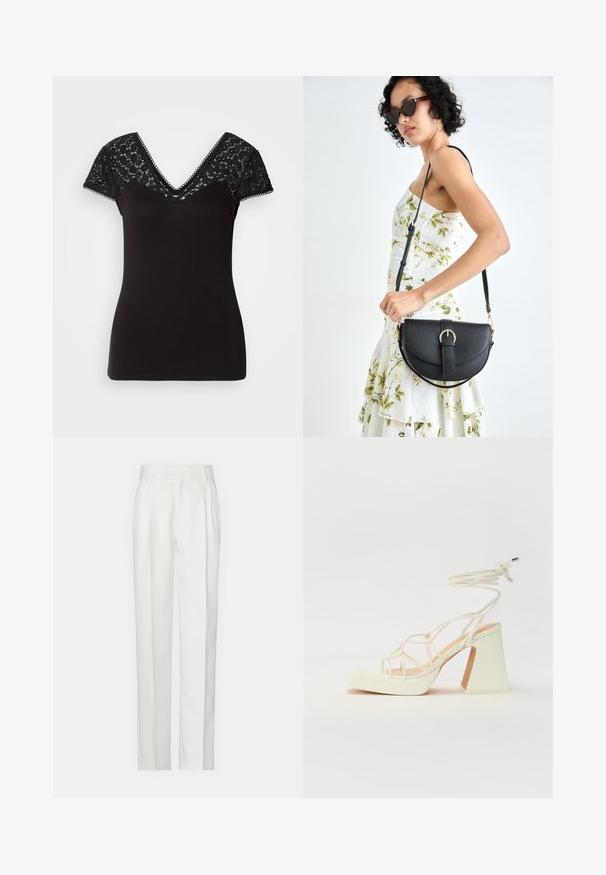 Fekete V nyakú póló rövid csipke ujjal. Sima anyag, csipke részletekkel a vállaknál és hullámos szegéllyel a nyakrésznél.; Fehér csíkozott nadrág, egyenes lábformával, könnyű anyagból készült. Elöl plisszírozott rész és hagyományos derékszíj jellemzi.; Fehér, magassarkú szandál vastag sarokkal, pántos dizájnnal és bokapánttal. Sima textúra, elülső platformmal a megnövelt magasság érdekében.; Fekete bőrtáska ívelt formával, levehető pánttal és arany színű fémrészekkel. A táskán egy csattal díszített fedél található.