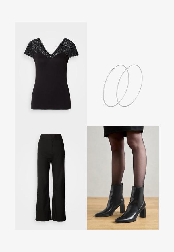 Čierne tričko s výstrihom do V a krátkymi čipkovými rukávmi. Hladká tkanina s čipkovými detailmi na ramenách a vlnitými okrajmi pozdĺž výstrihu.; Čierne široké nohavice s hladkou textúrou, vysokým pásom a jednoduchým dizajnom. Žiadne viditeľné vrecká ani ozdoby.; Čierne kožené členkové topánky s špicatou špičkou, robustný štvorcový opätok a elegantný dizajn. Obsahujú elastické bočné panely pre jednoduché obúvanie.; Strieborné kruhové náušnice s minimalistickým dizajnom. Cirkulárny tvar, hladký povrch a tenký profil. Ľahké s lesklým povrchom.