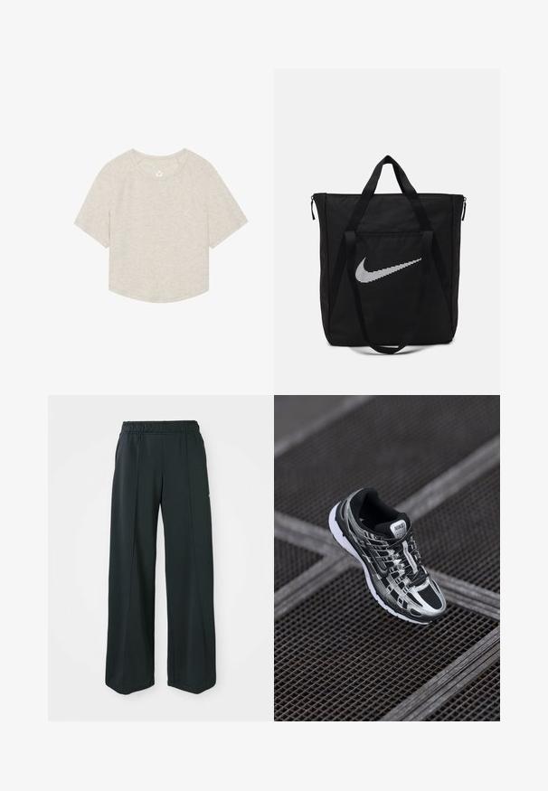 Világos bézs színű, rövid fazonú póló puha anyagból, kerek nyakkivágással, rövid raglán ujjakkal és egy kis logóval a mellrészen.; Fekete, bővülő szárú sportnadrág rugalmas derékkal. Simaság és rugalmasság jellemzi, finom elülső varrásokkal és zsebek nélkül.; Nike futócipő, fekete és ezüst színvilággal, hálós felső résszel, texturált talppal és biztos illeszkedést biztosító fűzőrendszerrel.; Fekete nejlon bevásárlótáska két erős fogantyúval és cipzárral. Jellemzője egy kiemelkedő fehér Nike pipa logó vízszintes csíkozott kialakításban.