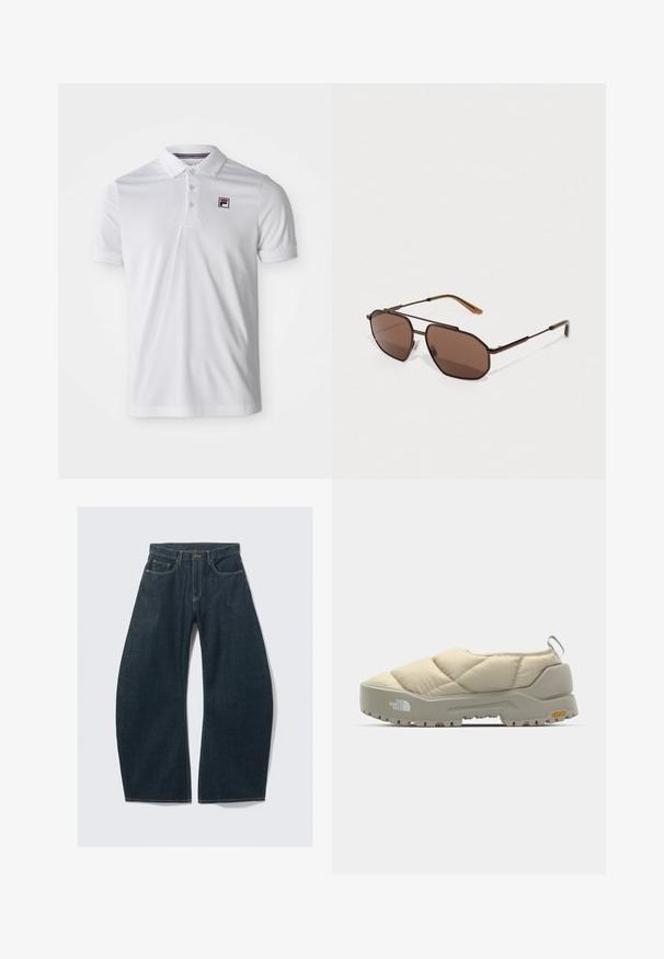 Bela polo majica iz gladkega, zračne tkanine. Ima ovratnik z gumbi in majhen logotip na levi prsi. Kratke rokave.; Temno modre široke kavbojke iz jeansa, s petimi žepi, vidnim šivom, zapenjanjem na gumbe in čistim zaključkom.; Bež kvadratna obutev z modrim Vibram podplatom, zaobljene oblike in zadnjim trakom. Opremljena z logotipom na strani in teksturirano zgornjo površino.; Rjave osemkotne sončne očala z tankim črnim kovinskim okvirjem, okrašenim z rjavimi ušesi. Temno obarvani leči nudijo UV zaščito.