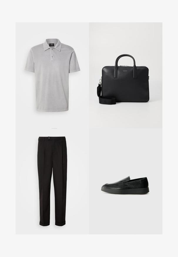 Mads Nørgaard PIGMENT DYE - Polosärk - titanium; Mustad püksid siledast kangast, sirge lõikega, kahe esipocketiga ja ühe nööbiga vöökoha kinnitamiseks.; Calvin Klein HYBRID CUP - Jalga libistatavad jalanõud - triple black; Musta nahast portfell, millel on tekstuuriga viimistlus, kahekordsed käepidemed, eemaldatav õlarihm ja esipaneelile logo detail. Lukuga sulgemine.