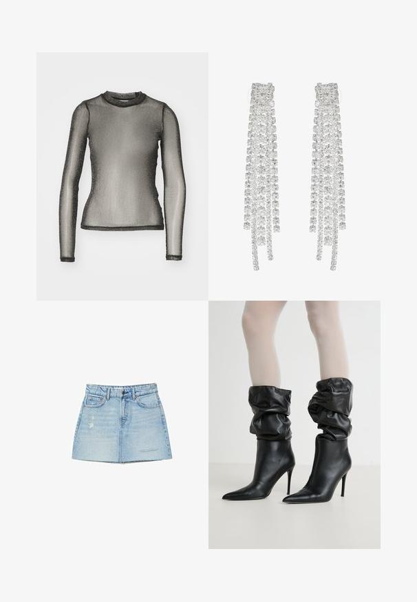 Noisy May NMSHIMMY - Langærmet T-shirt - black/silver-coloured; Lyseblå denimnederdel med let A-form, rå kant og falmede detaljer. Har bæltestropper og forlommer.; Sorte læderankelstøvler med et afslappet design, spidse tå og højt stilettohæl, med en blød, struktureret finish omkring kanten.; Lange sølvøreringe med en række klare, facetterede krystaller i kaskadeformede strenge med varierende længder og former.