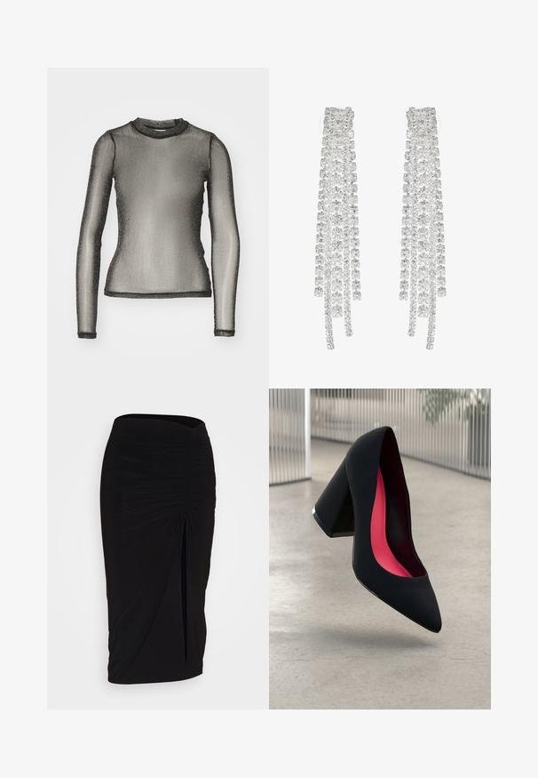 Noisy May NMSHIMMY - Long sleeved top - black/silver-coloured; Black, ruched pencil skirt with tie detail and a side slit. Made from a stretchy fabric, featuring a smooth texture and form-fitting design.; Black high heel shoe with a pointed toe, textured surface, and a vibrant pink interior. Features a chunky heel with silver accent.; Long silver earrings featuring an array of clear, faceted crystals in cascading strands with varying lengths and shapes.