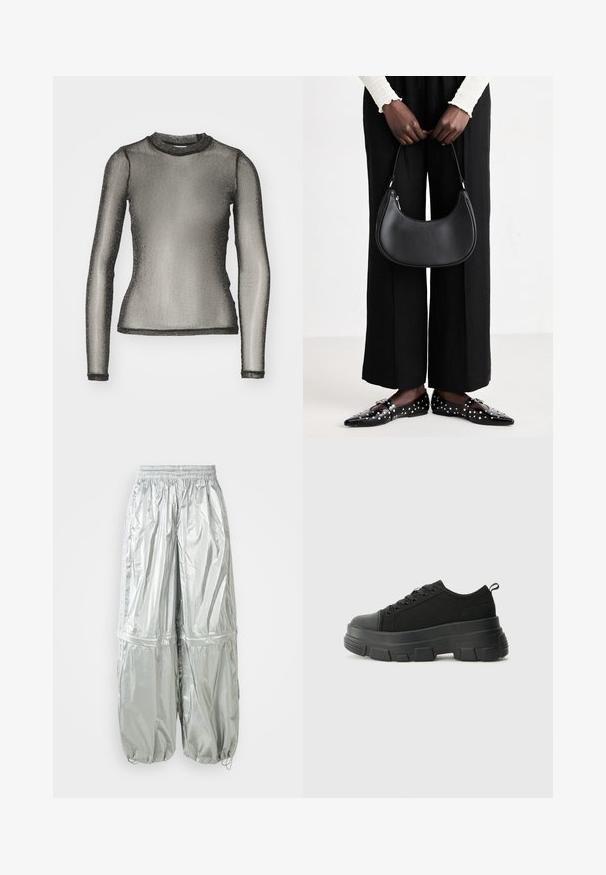 Noisy May NMSHIMMY - Maglietta a manica lunga - black/silver-coloured; Pantaloni cargo leggeri argento con texture lucida, vita elastica, polsini arricciati e due grandi tasche anteriori.; Sneaker nere con suola in gomma spessa, superiore in tessuto testurizzato, punta rotonda e design con lacci. Presenta occhielli rinforzati e linguetta sul retro.; Borsa a spalla in pelle nera con forma arrotondata, finitura lucida e accessori in argento. Persona che indossa pantaloni ampi neri e mocassini con borchie.