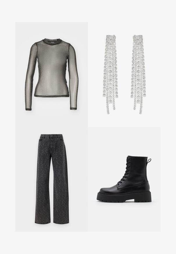 Noisy May NMSHIMMY czarny; Noisy May NMJANNEL czarny denim; Czarne skórzane botki za kostkę z okrągłym noskiem, sznurówką z przodu i grubą gumową podeszwą z teksturowanym bieżnikiem. Pętelka do zakładania z tyłu.; Długie srebrne kolczyki z szeregiem przezroczystych, fasetowanych kryształów w spadających pasmach o różnych długościach i kształtach.