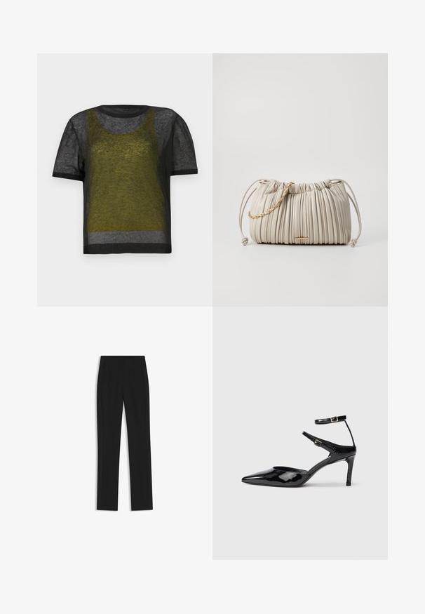 Maglietta nera a maniche corte in maglia, con una texture trasparente, caratterizzata da un design a strati verde e grigio, scollatura arrotondata e finiture scure a contrasto.; Pantaloni neri su misura con un design a gamba dritta, dotati di tasche frontali e un tessuto liscio e strutturato. Dettagli ordinati e minimalisti.; Décolleté in pelle eco-patent nera con punta affilata, cinturini alla caviglia regolabili e tacco sottile. Texture liscia con una finitura lucida.; Borsa a pieghe color crema realizzata in materiale morbido, con un'accessorio in catena intrecciata dorata e chiusura con cordoncino per una forma regolabile.