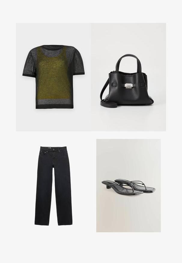 Musta lyhythihainen neulepaita, jossa on läpikuultava tekstuuri. Siinä on vihreä ja harmaa kerroksellinen muotoilu, pyöreä pääntie ja tummat kontrastit.; Mustat leveät farkut denimistä, joissa on viisi taskua, nappikiinnitys, hillitty ompelu ja suora leikkaus vyötäröstä helmaan.; Musta patentoitu keinonahkainen korolliset sandaalit, joissa on neliön muotoinen kärki, ohuet hihnat ja krokotiilikuosiset yksityiskohdat. Matala lohkokorko.; Mustat nahkaa oleva käsilaukku, jossa on teksturoitu pinta, kaksi yläkahvaa, irrotettava olkahihna ja hopeinen solk yksityiskohta.