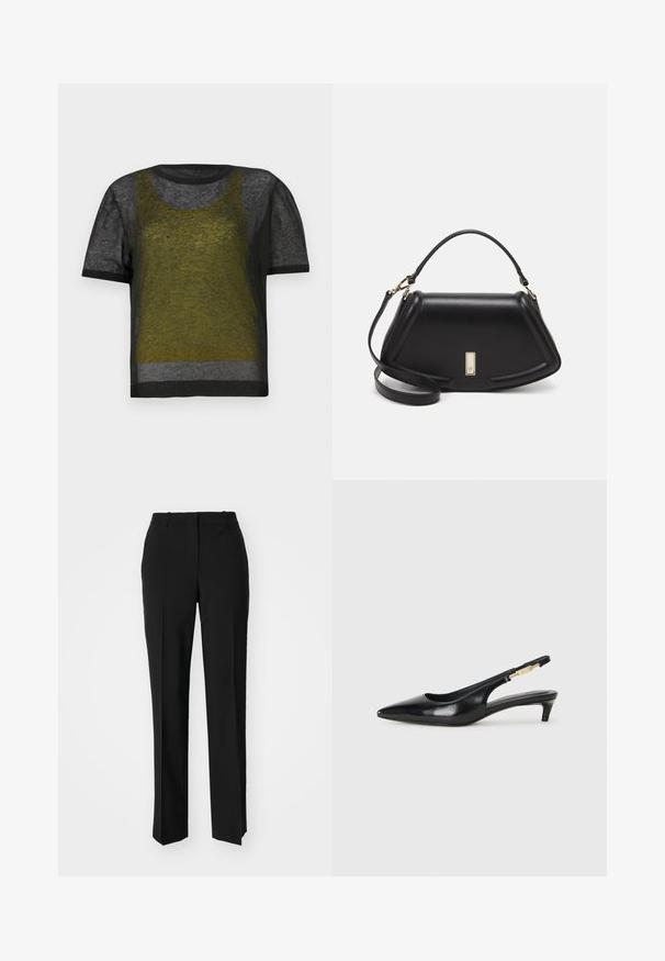 Čierny pletený top s krátkym rukávom a priesvitnou textúrou, s vrstveným dizajnom v zelených a šedých odtieňoch, okrúhlym výstrihom a kontrastným tmavým lemom.; Čierne krajčírské nohavice so strihom rovného nohu, s hladkou textúrou a ostrými skladmi pozdĺž prednej časti. Žiadne viditeľné hardvér.; Čierne kožené slingback opätky s špicatou špičkou, s úzkym opätkom a zlatým detailom na nastaviteľnom remienku. Hladká textúra.; Čierna kožená kabelka so štruktúrovaným dizajnom, s krátkym tvarom, hornou rúčkou a zlatými prvkami. Súčasťou je nastaviteľný ramenný popruh.