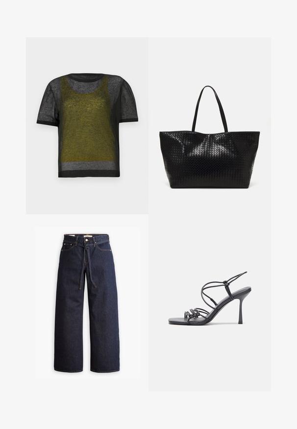 Črna kratkosleeve pletena majica s prosojnim vzorcem, ki ima zeleni in sivi slojeviti dizajn, okroglo izrezan ovratnik in kontrastne temne obrobe.; Široke temno modre kavbojke z visokim pasom, ki imajo vrvico za zavezovanje, pet žepov in kontrastne šive.; Črne visoke sandale na peto imajo tanke naramnice z vozlom, gladek kvadratni toe in eleganten stiletto peto.; Črna tkanina torba s trdnimi ročaji, ki ima sijočo teksturo in prostoren odprt zgornji dizajn.; Srebrne uhane z gladko, kapljično obliko in poliranim finishem. Nežna graviranja dodajajo detajle. Minimalističen dizajn.