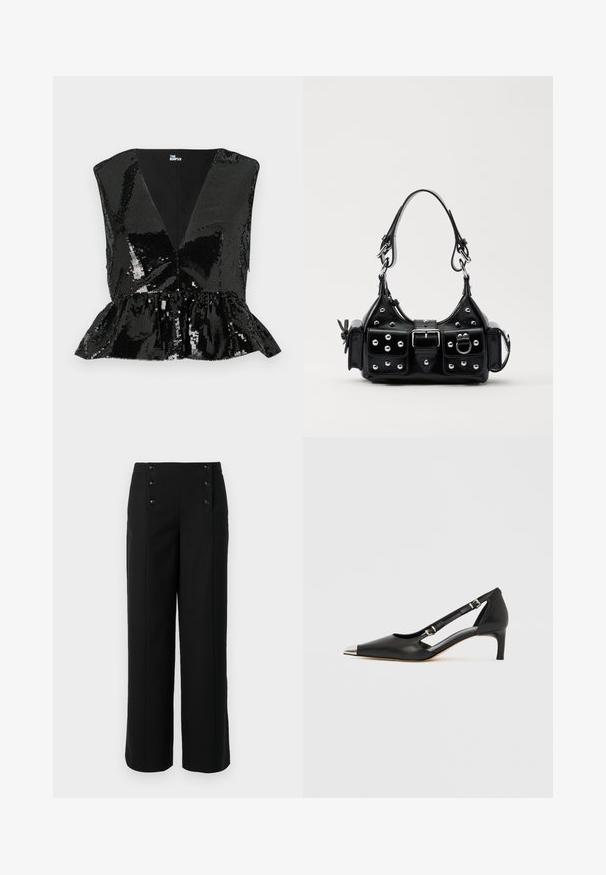 Crna bluzica s šljaštećim detaljima, dubokim V-izrezom, bez rukava i peplum rubom. Ima glatku unutarnju podstavu i sjajnu, reflektirajuću teksturu.; Crne široke hlače od glatke tkanine, s visokim strukom i pet dugmadi sprijeda za zatvaranje. Elegantan, krojen dizajn.; Crni kožni kitten heel s nazubljenim srebrnim vrhom i dvostrukim remenčićima na bijeloj pozadini.; Crna kožna torba s zakrivljenim dizajnom, koja sadrži srebrne zakovice, kopču i dva bočna džepa. Podesiva traka za različite opcije nošenja.