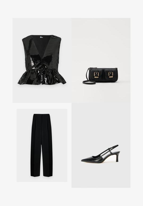 Top negro con lentejuelas, con un escote profundo en V, diseño sin mangas y dobladillo con peplum. Presenta un forro interior suave y una textura brillante y reflectante.; Pantalones de pierna ancha negros con cintura alta, que presentan pliegues y una textura suave. El tejido parece ligero y se drapea de forma elegante.; Tacón slingback negro de charol con punta afilada, que presenta un estampado de serpiente texturizado, correa ajustable y un tacón bloque corto y texturizado.; Bolso cruzado de cuero negro con dos bolsillos frontales, hebillas doradas, cierre de cremallera y una correa delgada. Superficie texturizada y forma rectangular compacta.