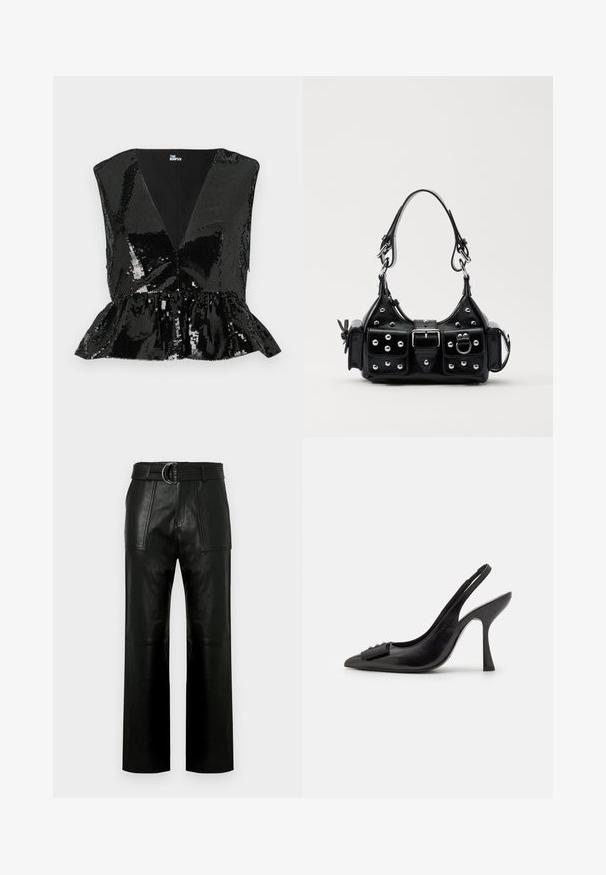 Črn bleščeč top z globokim V-izrezom, brez rokavov in peplum robom. Ima gladko notranjo podlogo in sijočo, odbojniko teksturo.; Visoko pasovane črne usnjene hlače širokih nogavic z velikimi sprednjimi žepi in usnjenim pasom s podvojenim zaponko.; Črne usnjene slingback čevlje s koničastim prstom, ozko visoko peto in dekorativnim naglavnim poudarkom. Gladka tekstura in eleganten dizajn.; Črna usnjena torbica s ukrivljenim dizajnom, ki vsebuje srebrne žebljičke, zaponko in dve stranski žepki. Nastavljiv trak za različne možnosti nošenja.