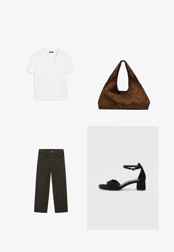 Weißes kurzärmeliges V-Ausschnitt-T-Shirt aus Baumwolle, das ein minimalistisches Design und eine glatte Textur aufweist, mit geradem Saum und ohne Verzierungen.; Dunkelgrüne Jeans im weit geschnittenen Style, hergestellt aus einem Baumwollgemisch. Sie verfügen über einen Frontknopfverschluss, fünf Taschen und klassische Denim-Nähte.; Schwarze Wildleder-Espadrilles mit einem dünnen Knöchelriemen, offener Zehenpartie und moderatem Blockabsatz. Glatte Textur und minimale Akzente.; Braune Wildleder-Schultertasche mit offenem Oberteil. Sie verfügt über einen tiefen, breiten Körper, einen ausgeschnittenen Griff und minimale Nähte für ein sauberes Design.