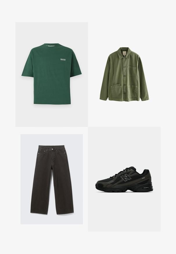 Žalia medvilninė marškinė su trumpomis rankovėmis ir apvalia iškirpte, su mažyte baltą "SELECTED" logotipu kairėje krūtinės pusėje.; Tamsiai žalia medvilninė striukė su mygtukų uždarymu, smailiu apykaklę ir keturiomis kišenėmis. Pasižymi laisvu siluetu ir švelnia tekstūra.; Plati juodos džinsinio audinio kelnės turi aukštą liemenį, penkių kišenių dizainą ir užsegimą su sagomis. Audinys yra minkštas, tekstūruotas.; Juodi sportiniai bateliai su tekstūruotu sintetiniu viršumi, su paminkštintu padu ir iššokančiu "N" logotipu ant šono. Dizainas apima lengvas tinklines dalis.