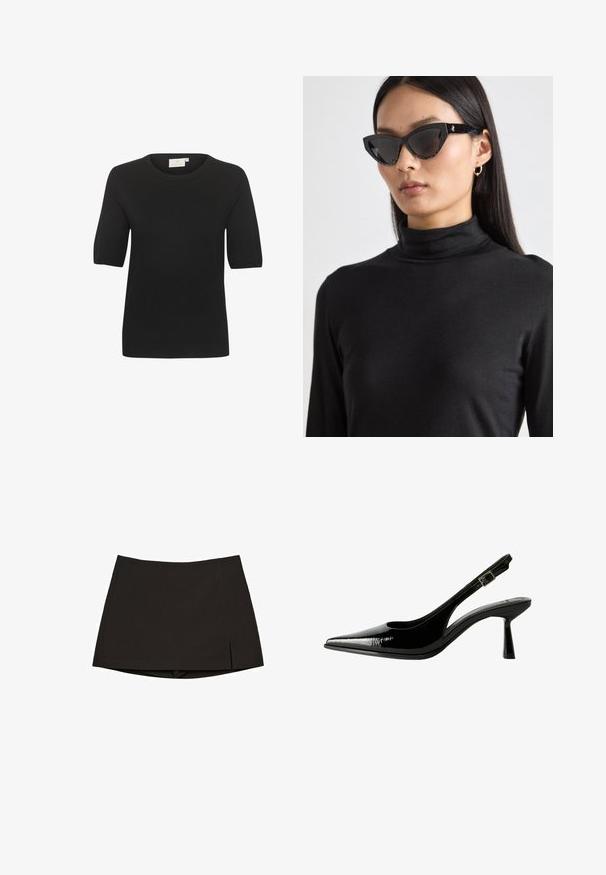 Mustaa lyhythihainen neulepaita pyöreällä pääntiellä. Ominaisuuksina sileä pinta ja yksinkertainen muotoilu. Tunnus näkyvissä kaula-aukossa.; Musta minihame, valmistettu sileästä kankaasta, suora malli sivuhaara leikattuna ja siisti helma. Yksinkertainen ja monipuolinen.; Musta lakattu nahkasaapas, jossa on teräväkärkinen malli, leikattuja sivuja, säädettävä nilkkain ja ohut, virtaviivainen korko.; Musta kissa-silmälasit tummilla linsseillä, teksturoituneet mustat kehykset ja hienovaraiset kimalluskoristeet. Mallilla on päällään musta poolopaita.; Kultainen digitaalikello, jossa on suorakulmainen näyttö, LCD-näyttö, ruostumattomasta teräksestä valmistettu ranneke ja sivuilla olevat painikkeet. Varustettu vedenkestävä etiketti.