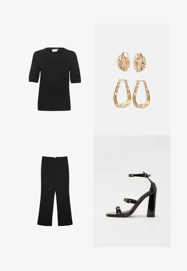 Črna kratka pletena majica s krožnim izrezom. Ima gladko teksturo in preprost dizajn. Oznaka je vidna na vratu.; Črne hlače ravnega kroja z naglavnimi žepi in stranskimi razporki na robu. Narejene iz mehke, gladke tkanine. Primerne za različne priložnosti.; Črne lakirane sandale s peto, kvadratnim prstom, trakovi okrog gležnja in srebrnimi zaponkami. Opremljene so s stabilno Debelo peto.; Zlato obarvani uhani z teksturiranimi, valovitimi oblikami. Vključujejo skulpturalne sponke za ušesa in odprto obliko obročka s kladivastim finišem.
