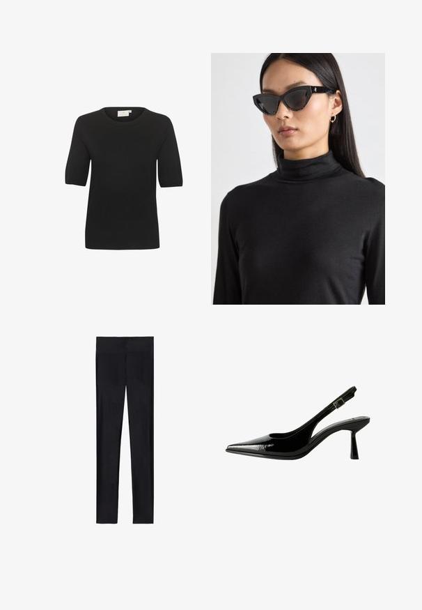 Černý pletený top s krátkým rukávem a kulatým výstřihem. Má hladkou strukturu a jednoduchý design. Štítek je viditelný na krku.; Černé legíny vyrobené z elastické tkaniny; mají hladký povrch, celoplošný design a elastický pas bez viditelných švů.; Černé lakované kožené lodičky na podpatku s špičatou špičkou, výřezy na stranách, nastavitelným páskem kolem kotníku a tenkým, elegantním podpatkem.; Černé sluneční brýle ve tvaru kočičích očí s tmavými skly, texturovanými černými obruby a jemnými třpytivými akcenty. Modelka má na sobě černý rolák.; Černá strukturovaná kabelka s dvěma dlouhými uchy, zlacenými kovovými detaily, zipovým uzávěrem a hladkou koženou texturou.; Zlaté digitální hodinky s obdélníkovým ciferníkem, LCD displejem, nerezovým páskem a tlačítky na boku. Obsahují označení odolnosti proti vodě.