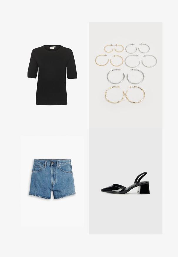 Juodas trumpas rankovėmis mezgimo marškinėliai su apvaliu iškirpimu. Turi šiurkštų paviršių ir paprastą dizainą. Etiketė matoma ant kaklo.; Šviesiai mėlyni džinsiniai šortai, turintys penkis kišenes, užtrauktuko užsegimą ir mygtuko uždarymą. Apačia yra nusidėvėjusi, o dizainas yra laisvo pjūvio.; Juodos lakuotos odinės šlepetės su smailiu pirštu ir geometriniu bloko kulnu. Turi elegantišką, minimalistinį dizainą ir lygų paviršių.; Dvylikos sidabrinių ir auksinių auskarų su kilpomis rinkinys. Apima sukurtas, lygias ir tekstūruotas formas, turinčias įvairius dydžius ir apdailas.