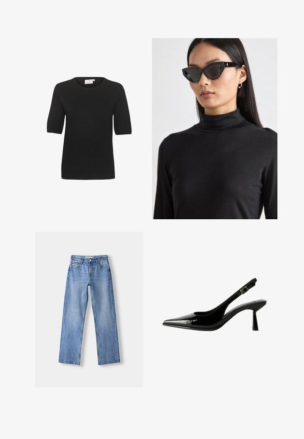 Čierny krátky rukáv pletený top s okrúhlym výstrihom. Obsahuje hladkú štruktúru a jednoduchý dizajn. Štítok viditeľný na krku.; Svetlomodré džínsy s rovnými nohavicami, ktoré majú päť vreciek, predné zapínanie na gombík a jemné opotrebovanie pre textúru.; Čierne lakované kožené slingback lodičky s špicatou špičkou, vyrezávanými bokmi, nastaviteľným remienkom okolo členka a tenkým, elegantným podpätkom.; Čierne mačacie slnečné okuliare s tmavými sklami, textúrovanými čiernymi rámami a jemnými trblietavými akcentmi. Model má na sebe čierny rolák.; Zlaté digitálne hodinky s obdĺžnikovým ciferníkom, LCD displejom, nerezovým pásikom a tlačidlami na boku. Obsahujú označenie vodeodolnosti.
