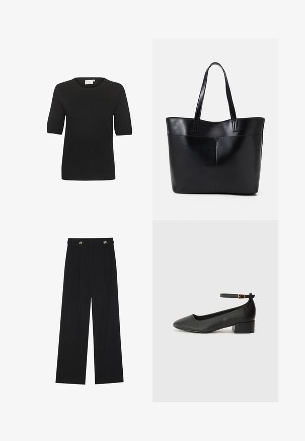 Crni kratki rukavi pletena majica s okruglim izrezom. Ima glatku teksturu i jednostavan dizajn. Oznaka je vidljiva na vratu.; Crne hlače širokih nogavica s visokim strukom, s dugmadi na pojasu i prednjim nabora.; Crne kožne pumpe s oštrim vrhom i niskom blok petom. Sadrže remen oko gležnja s zlatnim kopčanjem. Glatka tekstura.; Crna kožna torba s dugim ručkama, glatkom teksturom i strukturiranim oblikom. Ima prednju džep za dodatno pohranu.