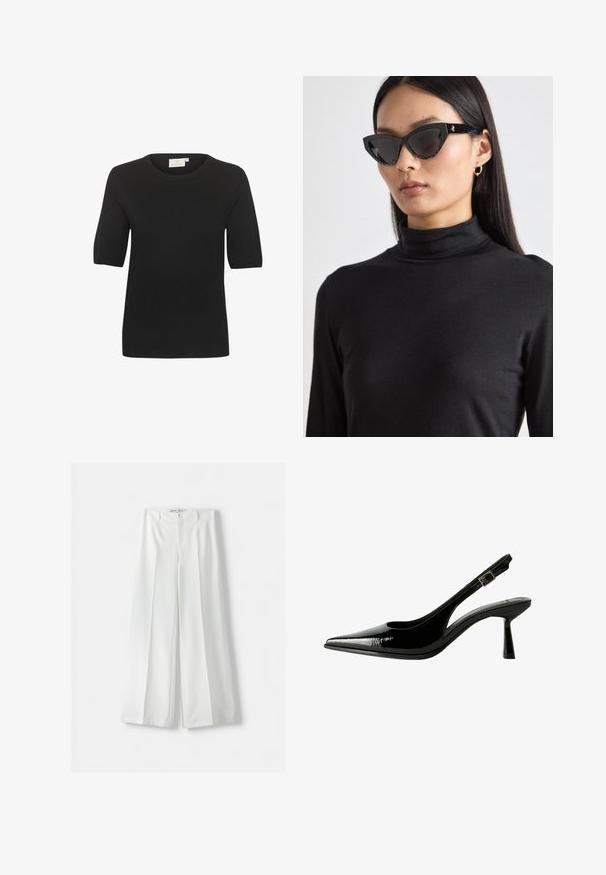 Black short-sleeve knit top with a round neckline. Features a smooth texture and a simple design. Label visible at the neck.; Bershka WIDE-LEG TAILORED - Trousers - white; Black patent leather slingback pump with a pointed toe, cutout sides, adjustable ankle strap, and a thin, sleek heel.; Black cat-eye sunglasses with dark lenses, textured black frames, and subtle glitter accents. Model wears a black turtleneck.; Gold digital watch with a rectangular face, LCD display, stainless steel band, and buttons on the side. Features a water-resistant label.