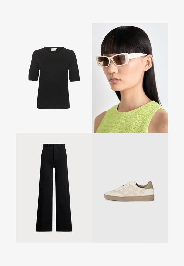 Svart kortermet strikket topp med rund halslinning. Har en jevn tekstur og et enkelt design. Merket er synlig ved halsen.; Svart brede benbukser laget av vevd stoff, med høy midje, frontlukking med knapp og sidelommer. Glatt tekstur med rene linjer.; Sko med en kremfarget kanvasoverdel med gjentatte "MK"-logomønster, beige semsket skinn og en teksturert lys brun gummisåle.; Hvite rektangulære solbriller med brune linser, med små detaljer og tykke rammer. Modellen har rett, mørkt hår og har på seg en grønn teksturert topp.