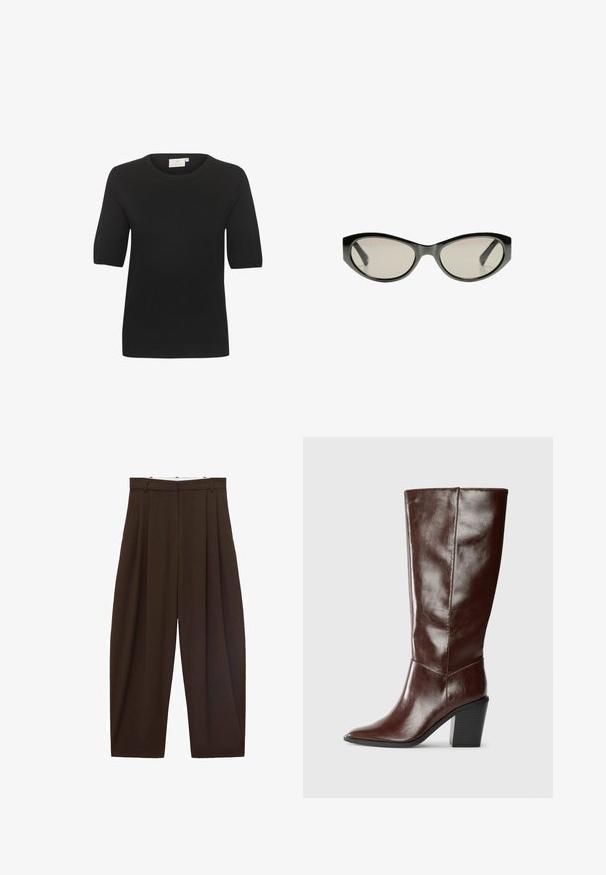 Zwart kortemouwen brei-top met een ronde halslijn. Kenmerkt zich door een gladde textuur en een eenvoudig ontwerp. Label zichtbaar bij de hals.; Bruine high-waisted broek met plooien, gemaakt van soepel materiaal. Loose fit, rechte pijpen, met riemlussen en een ritsluiting.; Hoge donkerbruine leren laars met een spitse neus en een gestapelde blokhak, vanuit de zijkant weergegeven op een effen achtergrond.; Zwarte cat-eye zonnebril met grijs getinte glazen. Plastic montuur met scherpe hoeken en een gladde, glanzende afwerking.