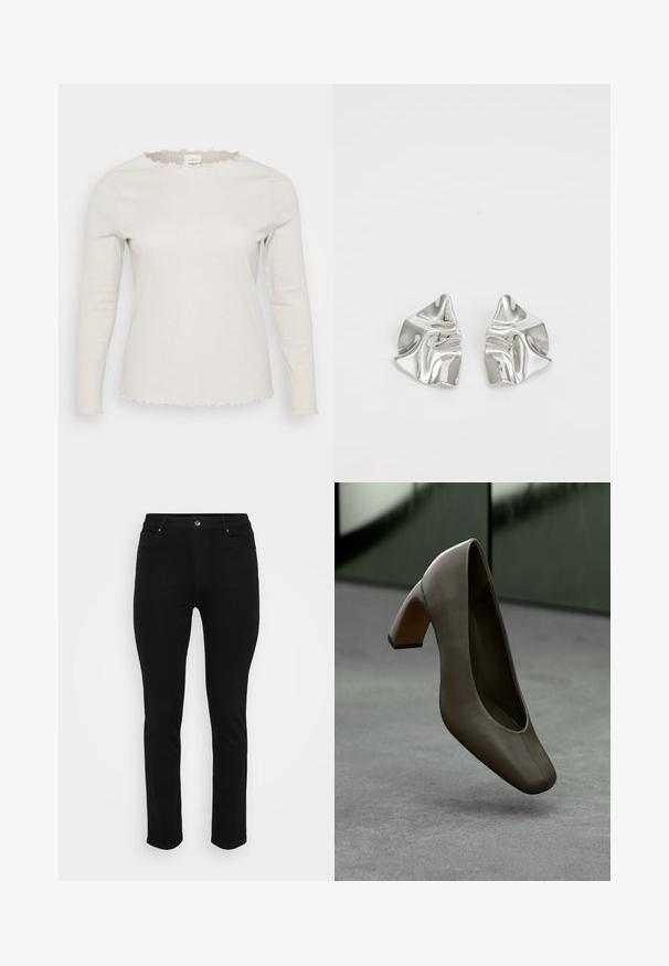 Light beige long-sleeve shirt made of ribbed fabric. Features a scalloped neckline and slightly frayed edges at cuffs and hem.; Black denim jeans with a slim fit, five-pocket design, front button closure, and slight stretch for comfort. Flat, smooth texture with minimal detailing.; Dark olive green leather high-heeled shoe with square toe and block heel, floating above a gray concrete floor with a blurred green background.; Silver metal earrings with a wavy, sculptural design featuring a polished finish and irregular shapes, highlighting a contemporary aesthetic.