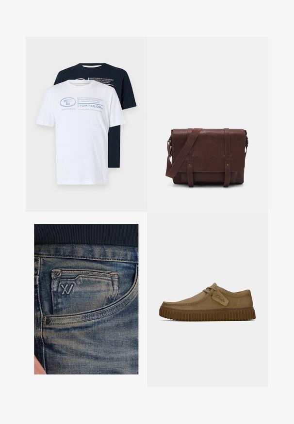 Dwie bawełniane koszulki w kolorze białym i granatowym. Biała koszulka ma jasnoniebieski napis i grafikę, podczas gdy granatowa nie ma żadnych grafik.; Niebieskie dżinsy z denimu o wyblakłej fakturze, z kieszonką na monety i czarnym logo na przodzie. Pas wykonany z ciemnogranatowej dzianiny prążkowanej.; Jasnobrązowe zamszowe buty z okrągłym noskiem, z przeszyciami i brązową gumową podeszwą o żebrowanej fakturze. Posiadają boczną metkę z logo "Clarks".; Brązowa skórzana torba na ramię z płaskim klapem z przodu, dwoma paskami, złotymi akcentami oraz regulowanym paskiem na ramię.