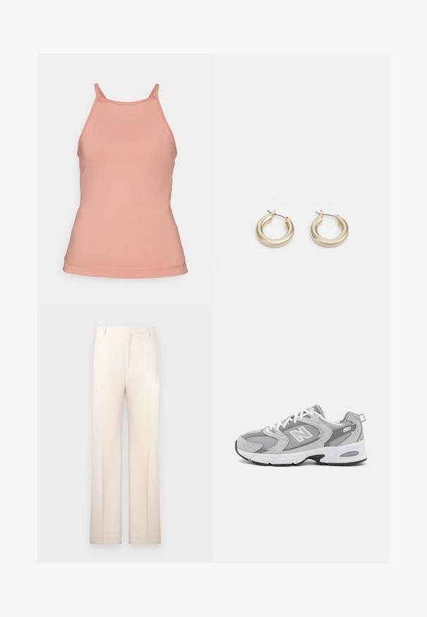 Peach-colored tank top with a fitted design, thin straps, and seamless edges, made from a smooth, stretchy fabric.; Beige tailored trousers with a straight-leg design, made from lightweight fabric. Features front pleats and a classic waistband.; Grey athletic shoes with a mesh and suede upper, white laces, and a black outsole. Features a prominent "N" logo and padded collar.; Lauren Ralph Lauren BASIC SMALL HOOP - Earrings - gold-coloured