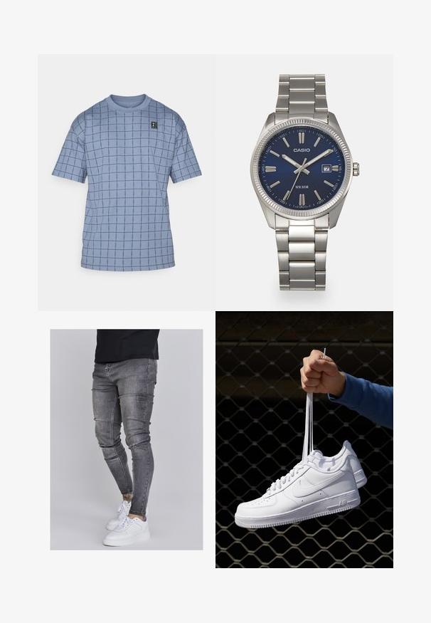 Heleheline lühikeste varrukatega T-särk, millel on tumehall ruudus muster, ja väike must logotagi vasakul ülalpool. Pehme puuvillane materjal.; Kitsad teksad tuhmhall denimil, millel on kulunud detailid põlvedes, koos valgete tossudega. Sile tekstuur, kitsas lõige.; Valged nahast tennisetossud, millel on perforatsioonid, ümar nina, lame tallus ja paksud nöörid, nähtava swooshi logoga ja "AIR" kontsadel.; Hõbedane roostevabast terasest käekell, tumesinise lõpliku, metallsete tuntud numbrite ja kuupäevanäidikuga kell 3 juures. Veekindel kuni 50 meetrit.