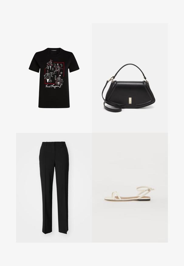 Μαύρο βαμβακερό t-shirt με σχέδια μόδας σε λευκό και κόκκινο, με υπογραφή στο κάτω μέρος. Κανονικός λαιμός και κοντά μανίκια.; Μαύρο παντελόνι με ραφή που έχει σχεδιασμό ίσιας γραμμής, διαθέτει λεία υφή και καθαρές πτυχώσεις κατά μήκος της μπροστινής πλευράς. Χωρίς ορατό μεταλλικό υλικό.; Πλατινές σάνταλες από κρέμα δέρματος με λεπτές σταυρωτές λουρίδες, λουράκι στον αστράγαλο με άγκιστρο, μινιμαλιστικός σχεδιασμός και αντίθετη μαύρη σόλα.; Μαύρη δερμάτινη τσάντα με δομημένο σχέδιο, που διαθέτει κομμένο σχήμα, επάνω λαβή και χρυσά μεταλλικά στοιχεία. Περιλαμβάνει ρυθμιζόμενο λουρί ώμου.