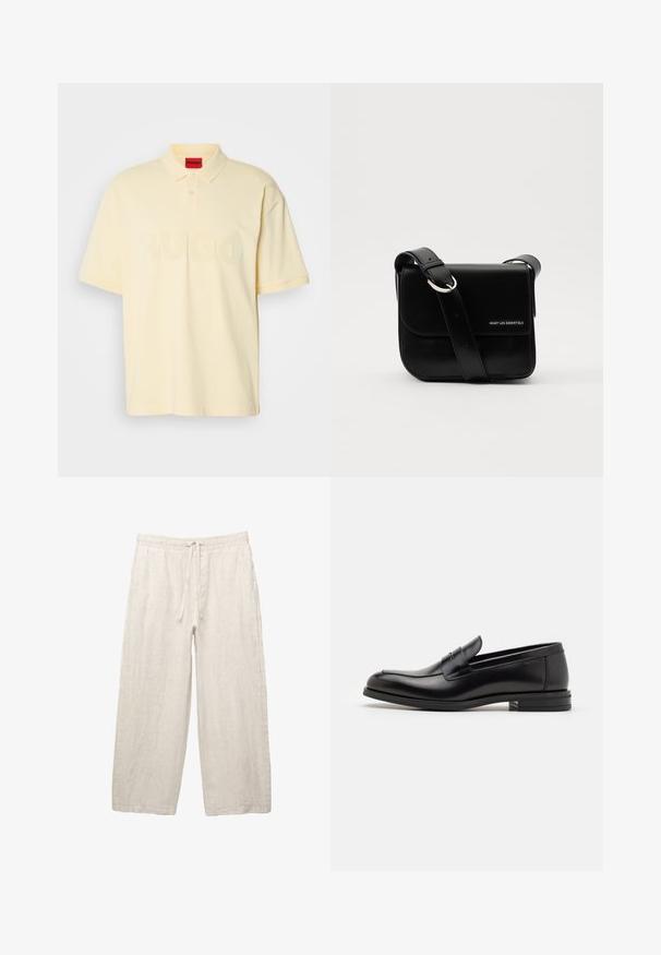 Lysegul polo skjorte lavet af bomuld med en blød tekstur, der har en krave, to knapper og et stort tonalt "HUGO" logo på forsiden.; Linnedragt i lys beige med elastisk talje og snøre, vid bendesign og sidelommer. Glat tekstur.; Sorte læderloafers med en glat overflade, rund tå og en dekorativ strop over vampen. Lav hæl med stabeldesign, minimalistisk stil.; WANT Les Essentiels ARCH CROSSBODY UNISEX - Skuldertasker - black