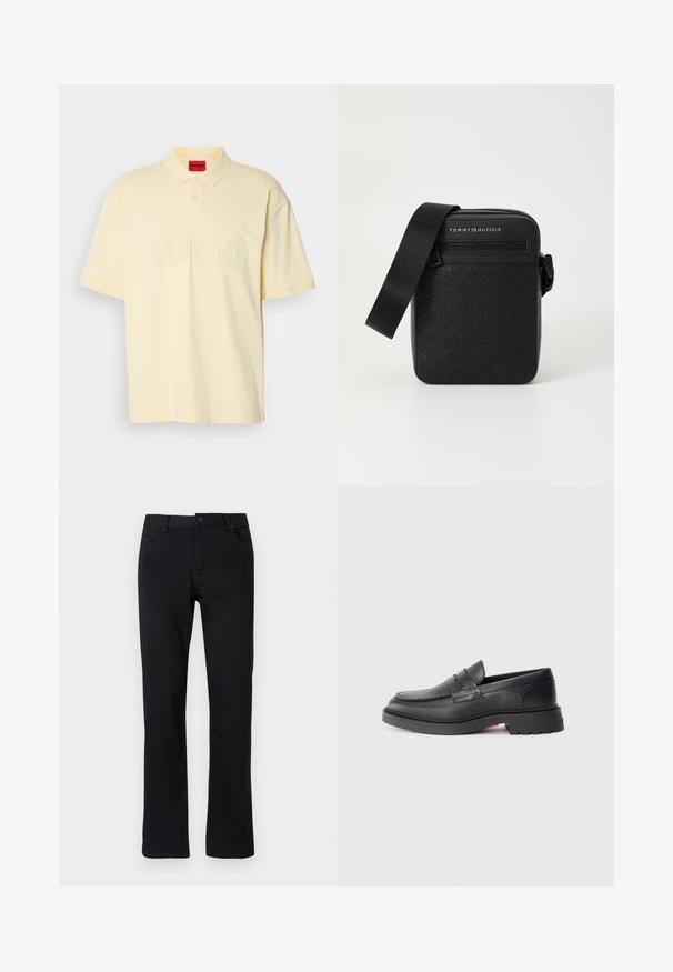 Lichtgele polo shirt van katoen met een zachte textuur, voorzien van een kraag, twee knopen en een groot ton sur ton "HUGO" logo aan de voorkant.; Zwarte rechte spijkerbroek van denim. Voorzien van een ritssluiting, vijf zakken en subtiele stiknaden. Vlakke tailleband met een riemlus.; Zwarte leren instappers met een ronde neus, een verhoogde naad en een dikke rubbere zool. Eenvoudig ontwerp met minimale branding aan de zijkant.; Tommy Hilfiger MONOGRAM MINI REPORTER UNISEX - Schoudertas - black
