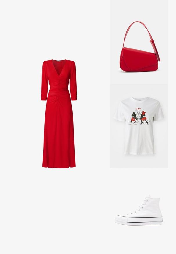 Bílý bavlněný tričko s grafikou Mickeyho a Minny Mouse s červenými akcenty. Text nahoře zní "SMACK!" v hravém písmu.; Červené šaty s výstřihem do V, tříčtvrtečními rukávy a nařasením v pase a na zádech. Látka vypadá hladce a lehce.; Bílé vysoké plátěné tenisky s černou gumovou podrážkou, přední gumovou špičkou a šesti očky na tkaničky, se čistým, minimalistickým designem.; Červená kožená kabelka s ostrým, geometrickým designem. Má jeden nastavitelný popruh a klopu s prošívanými detaily.