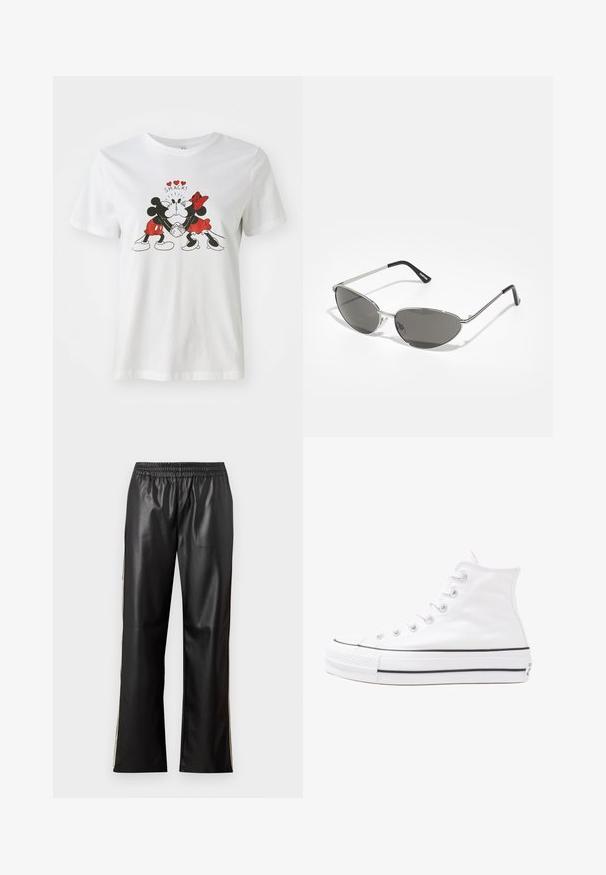 Camiseta de algodón blanca con un gráfico de Mickey y Minnie Mouse con acentos rojos. El texto en la parte superior dice "¡ZAS!" en una fuente divertida.; Pantalones de imitación de cuero negros con una cintura elástica, diseño de pierna recta y rayas laterales en contraste. Textura suave y estilo minimalista.; Zapatilla de lona alta blanca con suela de goma negra, puntera de goma frontal y seis ojetes para los cordones, que presenta un diseño limpio y minimalista.; Gafas de sol con un elegante marco de metal plateado, lentes tintados de color gris y un diseño aerodinámico que presenta bordes puntiagudos y patas delgadas.