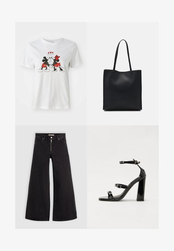 Hvit bomulls T-skjorte med et grafisk bilde av Mickey og Minnie Mouse med røde detaljer. Teksten over leser "SMACK!" i en leken skrift.; Vide benbukser i sort denim med glidelås i front, fem-lomme design og subtile sømdetaljer. Glatt tekstur og avslappet stil.; Svart høyglans sandaler med hæl, firkantet tå, ankelremmer og sølvspenner. Har en kraftig blokkhæl for stabilitet.; Svart lær tote bag med glatt tekstur, rektangulær form og to lange håndtak. Ingen synlige deler eller dekorasjoner.