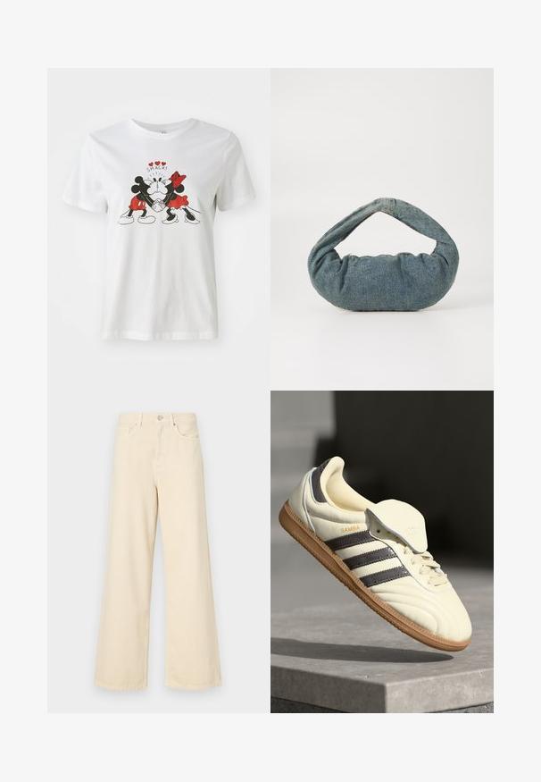 White cotton t-shirt featuring a graphic of Mickey and Minnie Mouse with red accents. Text above reads "SMACK!" in a playful font.; Beige wide-leg jeans made of cotton. Features a button closure, belt loops, and front pockets with a smooth, soft texture.; Cream leather sneaker with three dark stripes, a brown gum outsole, and a rounded toe. Features a foldable tongue labeled "SAMBA."; Blue denim bag with a padded, rounded shape and a curved handle. The texture is soft, featuring visible stitching and a smooth finish.