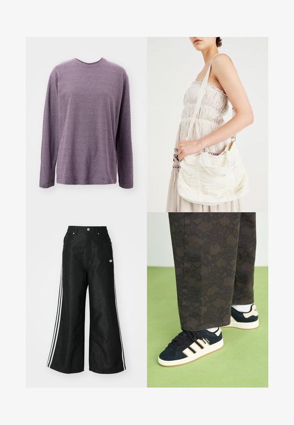 Long-sleeve, purple-striped shirt with a round neck. Features horizontal stripes and a relaxed fit with side slits at the hem.; Black wide-leg denim pants with three white stripe accents on each side and a small white logo. Features front pockets and a button closure.; Black and patterned trousers paired with navy suede sneakers featuring cream stripes and white soles. Surfaces shown are textured and flat.; White fabric shoulder bag with gathered texture, adjustable strap, and silver hardware. Displayed alongside a cream-colored dress.