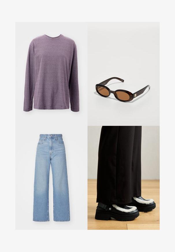 Pitkähihainen, violettiraidallinen paita pyöreällä kaula-aukolla. Sisältää vaakasuoria raitoja ja rentoa istuvuutta, jonka helma on sivusaumallisia halkioita.; Vaalean siniset korkeavyötäröiset löysät farkut, joissa on etuvetoketju ja nappikiinnitys, sekä edessä että takana taskut, valkoista taustaa vasten.; Mustat platofom-kengät, joissa on valkoinen karvatrimmaus, pyöreä kärki ja metallinappi strapissa. Käytetään mustien housujen kanssa puulattialla.; Ruskeahäntäiset aurinkolasit ovaaleilla linsseillä, joissa on ohut kehys ja pieni metallinen koristus sivulla. Rakenteeltaan karhea ja kiillotettu pinta.