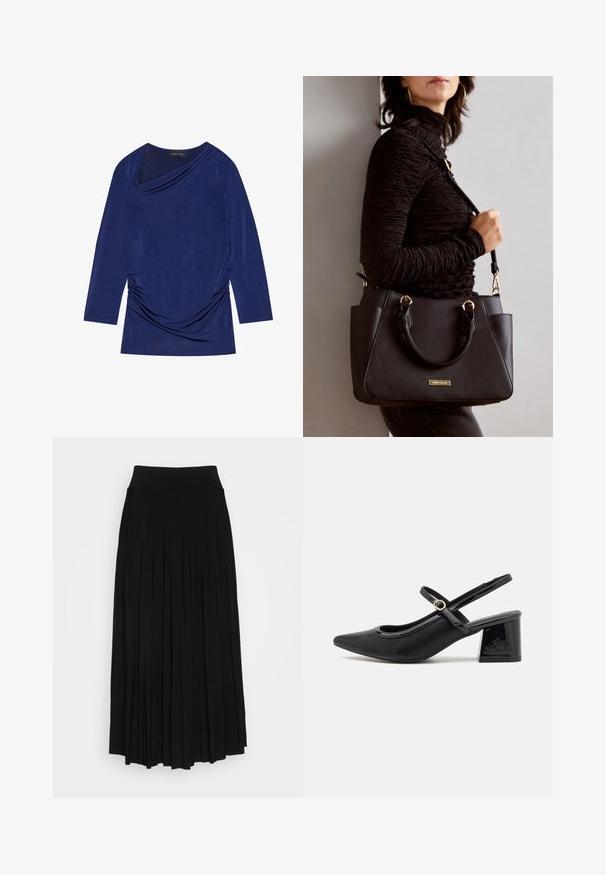 Navy blue long-sleeve top with draped neckline, gathered side detail, and soft, stretchy fabric. Label reads "ANNA FIELD."; Black pleated skirt with a high, stretchy waistband. Made from soft fabric, featuring vertical pleats for a flowing silhouette.; Black patent leather slingback heels with a pointed toe, a rounded cutout design, and a block heel. Features a gold-tone buckle accent.; Black handbag with textured surface, dual top handles, and adjustable shoulder strap. Features gold-tone hardware and side pockets.